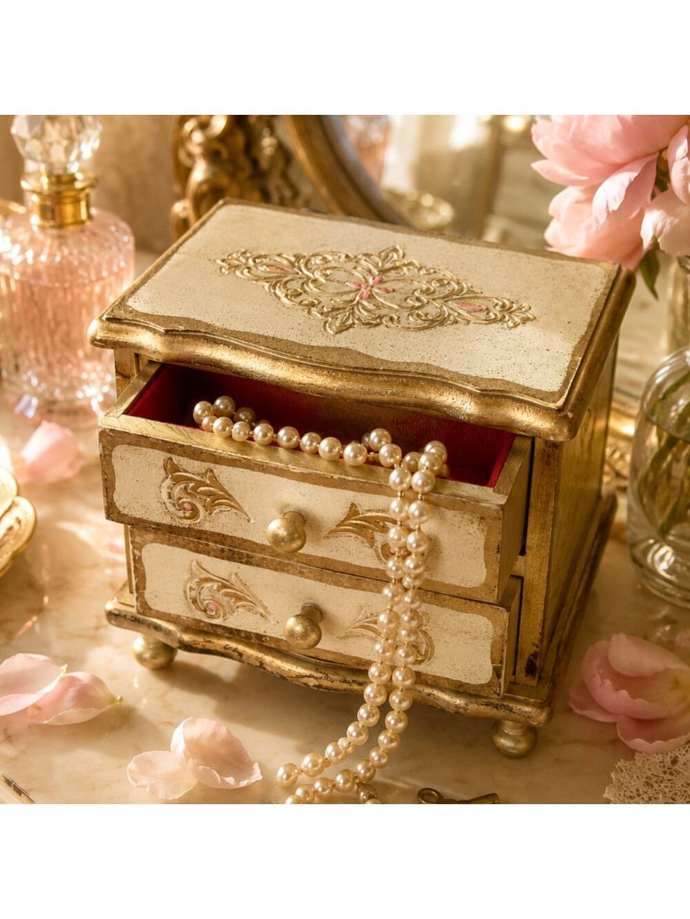 VTG Florentine Style Music Box Jewelry Chest Gold Ivory Romantic Vanity Decor